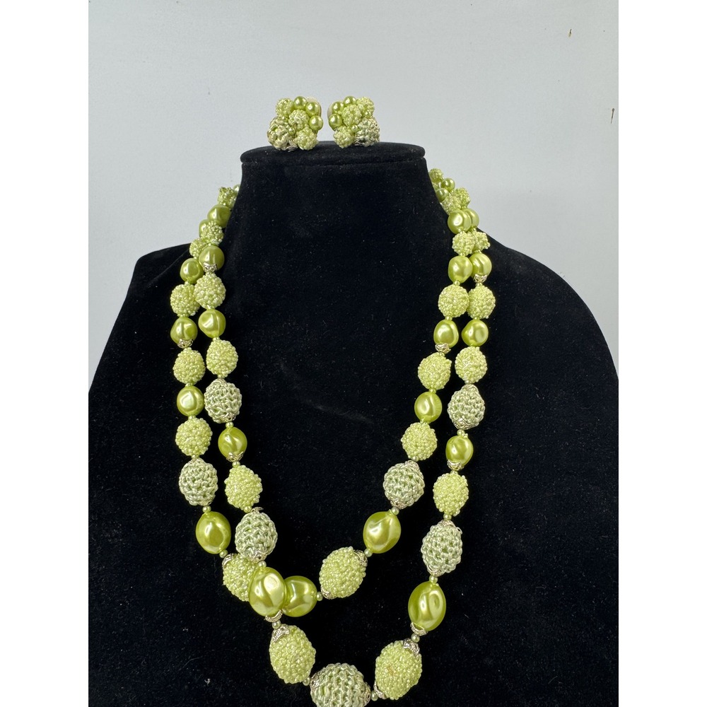 Vintage Lime Green Faux Pearl Woven Bead Necklace & Clip On Earring Jewelry Set